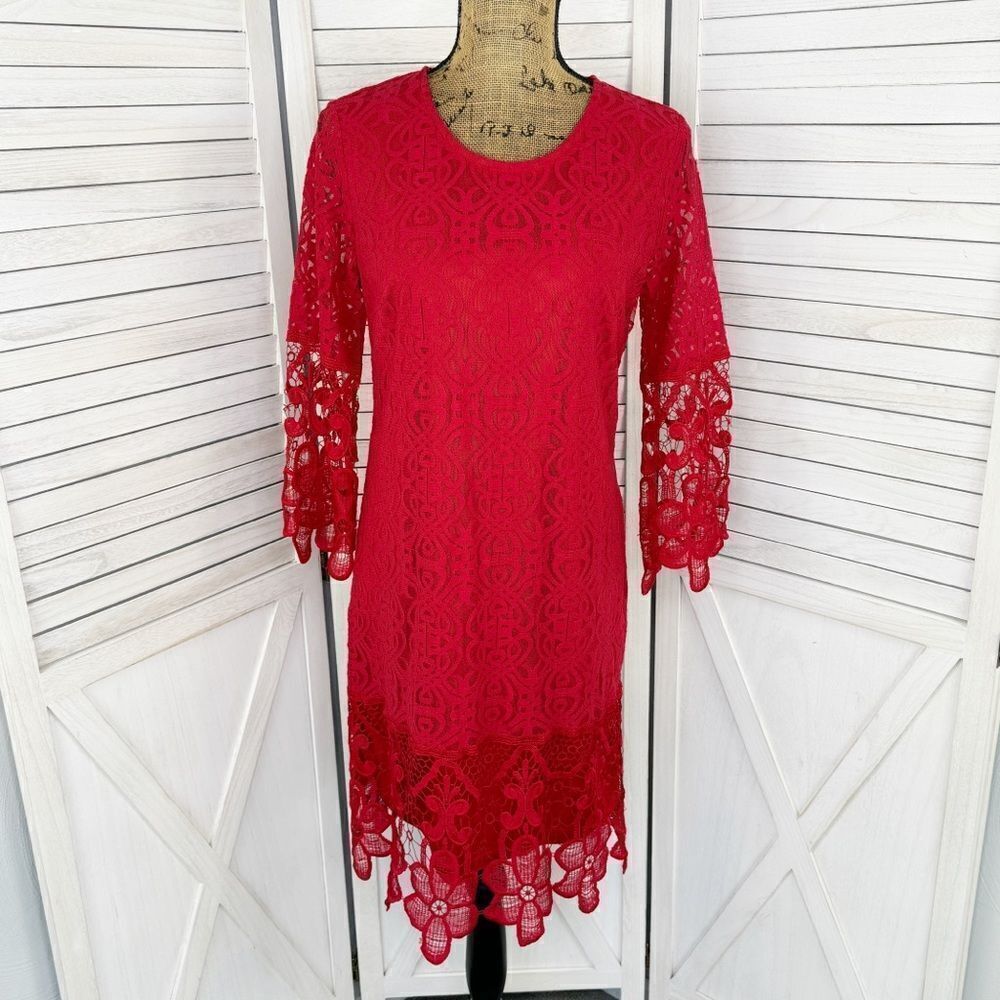J Gee‎ Red Lace Sheath Dress Large Knee Length Party Long Sleeve